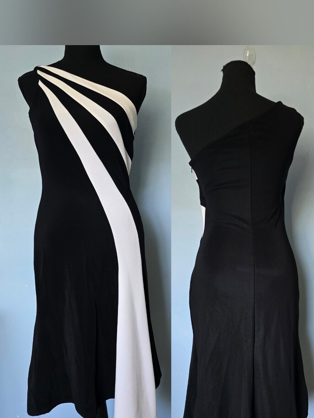 Jessica McClintock One Shoulder Black and White Diagonal Stripe Dress 8